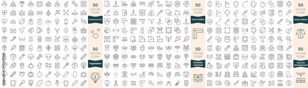 300 thin line icons bundle. In this set include vaccine development, valentines day, vector edition, vegetables, venetian carnival