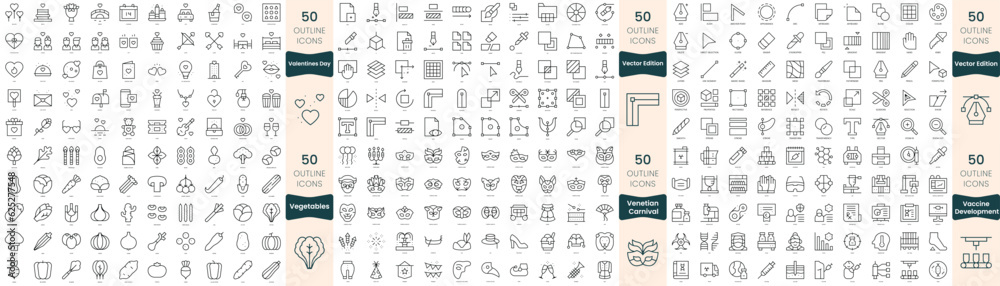 300 thin line icons bundle. In this set include vaccine development, valentines day, vector edition, vegetables, venetian carnival 300 thin line icons bundle. In this set include vaccine development, valentines day, vector edition, vegetables, venetian carnival
