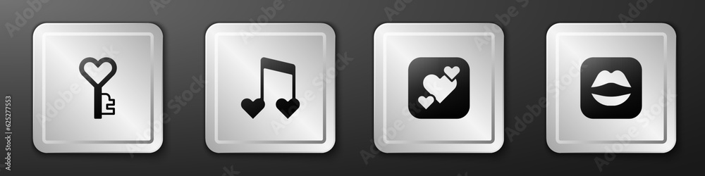 Set Key in heart shape, Music note, tone with hearts, Heart and Smiling lips icon. Silver square button. Vector