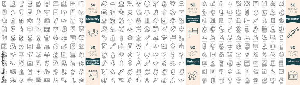 300 thin line icons bundle. In this set include unicorn, united states election day, united states of america, university, vaccination 300 thin line icons bundle. In this set include unicorn, united states election day, united states of america, university, vaccination