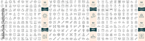 300 thin line icons bundle. In this set include virus transmission, volleyball, volunteering, war, waste management