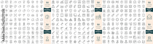 300 thin line icons bundle. In this set include watch and clock, water park, wayfinding, weapons, weather