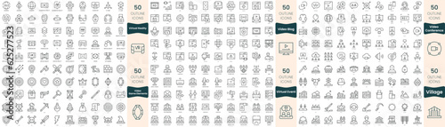 300 thin line icons bundle. In this set include video blog, video conference, video game elements, village, virtual event, virtual reality