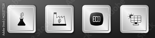 Set Plant breeding, recycling garbage, Leaf Eco symbol and Solar energy panel icon. Silver square button. Vector