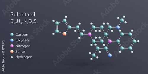 sufentanil molecule 3d rendering, flat molecular structure with chemical formula and atoms color coding