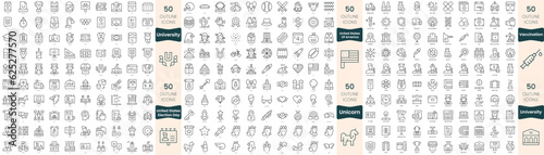 300 thin line icons bundle. In this set include unicorn  united states election day  united states of america  university  vaccination