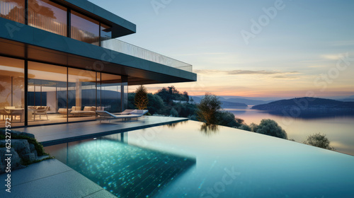 Modern villa with infinity pool. Generative AI