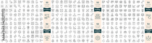 300 thin line icons bundle. In this set include surfing, surveillance, survey, sustainable development, sustainable energy