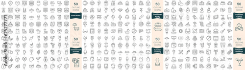 300 thin line icons bundle. In this set include street market, summer camp, summer clothing, summer food and drinks, summer holidays, summer party