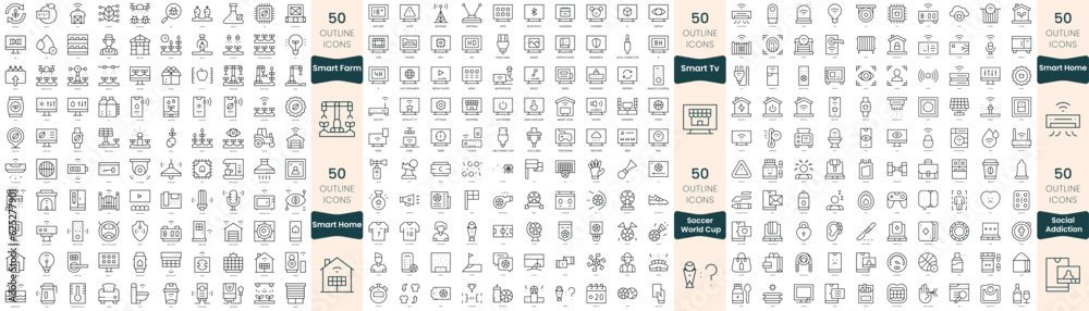 300 thin line icons bundle. In this set include smart farm, smart home, smart tv, soccer world cup, social addiction