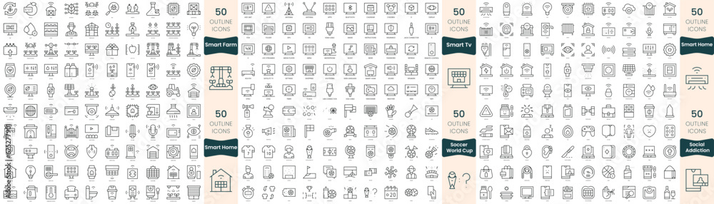 300 thin line icons bundle. In this set include smart farm, smart home, smart tv, soccer world cup, social addiction 300 thin line icons bundle. In this set include smart farm, smart home, smart tv, soccer world cup, social addiction