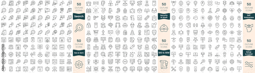 300 thin line icons bundle. In this set include search, security at work, self awareness, seo and sem, setup and install 300 thin line icons bundle. In this set include search, security at work, self awareness, seo and sem, setup and install