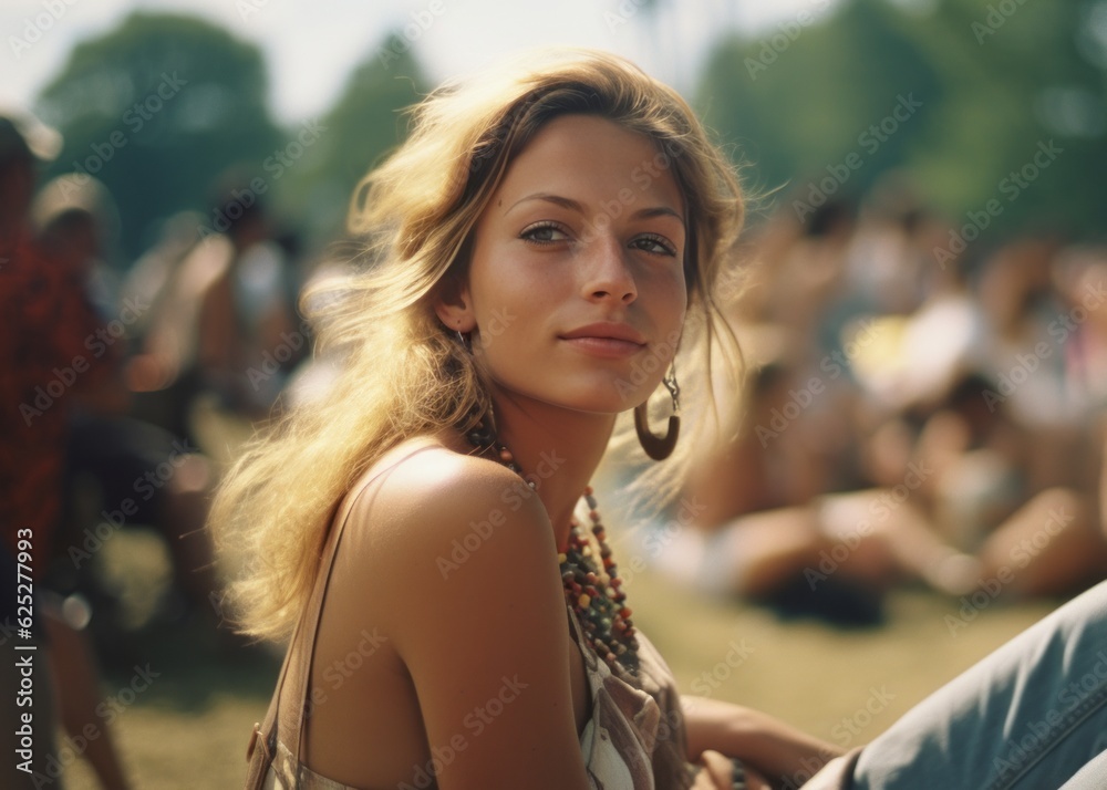 Naklejka premium Young tan boho style woman at a summer music festival. 