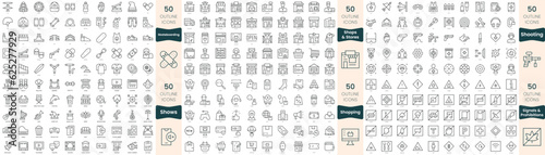 300 thin line icons bundle. In this set include shooting, shopping, shops and stores, shows, signals and prohibitions, skateboarding