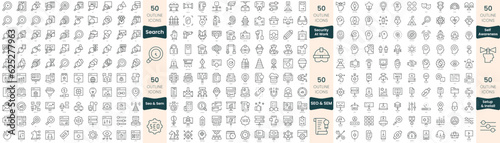 300 thin line icons bundle. In this set include search, security at work, self awareness, seo and sem, setup and install photo