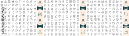 300 thin line icons bundle. In this set include science, scotland, scrapbooking, scroll and paper, scrum development, sea life