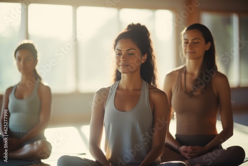 Three women at a yoga class looking relaxed and happy, sitting on the yoga mat with sunlight streaming in through the window