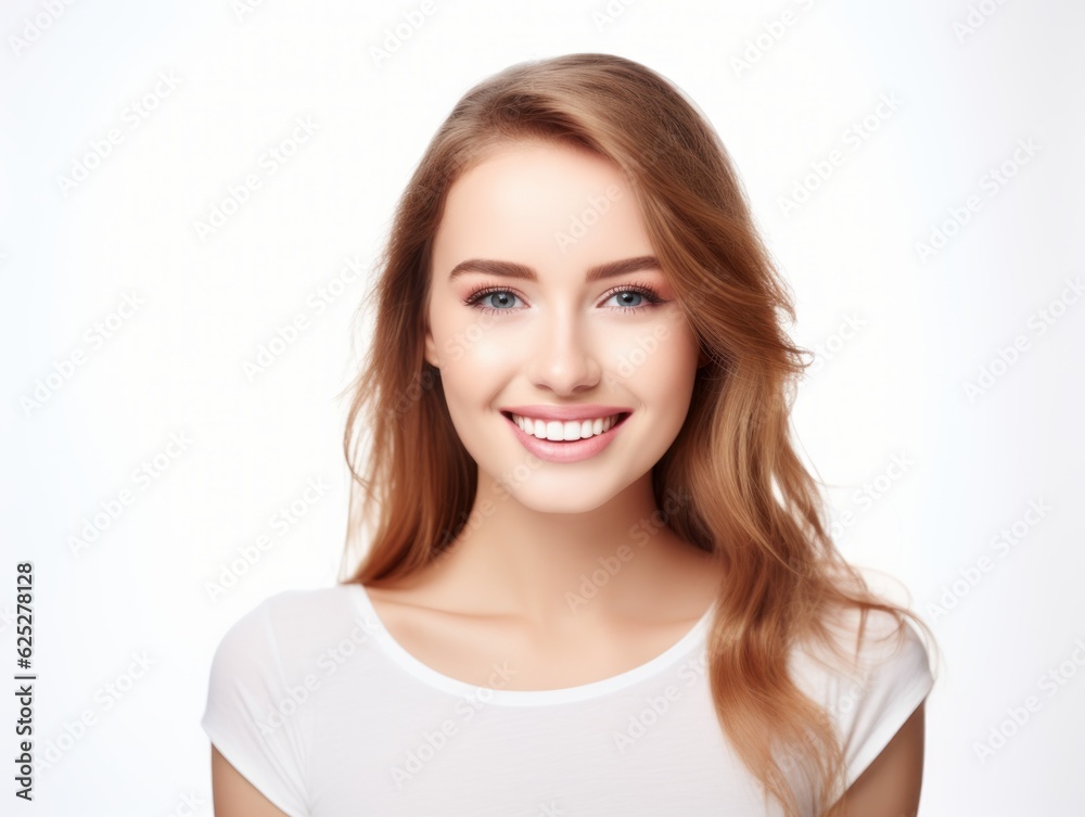 a closeup photo portrait of a beautiful young teenager woman smiling with clean teeth. used for a dental ad. girl with fresh stylish long hair. isolated on white background. Generative AI a closeup photo portrait of a beautiful young teenager woman smiling with clean teeth. used for a dental ad. girl with fresh stylish long hair. isolated on white background. Generative AI