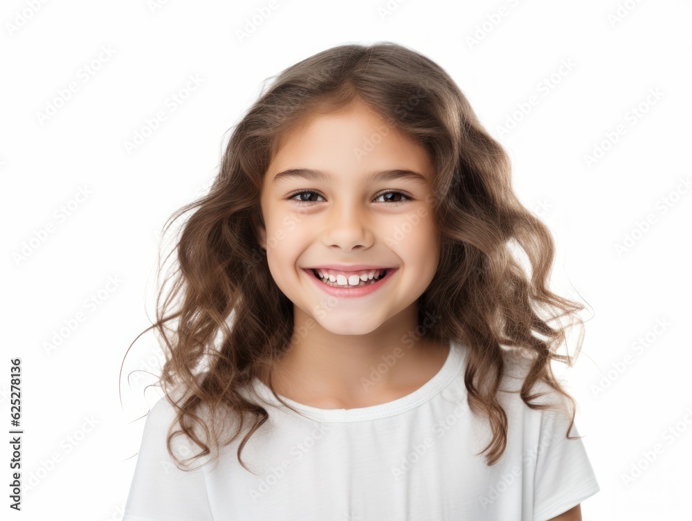 a closeup photo portrait of a cute beautiful young girl kid smiling with clean teeth. used for a dental ad. teen with fresh stylish long hair. isolated on white background. Generative AI a closeup photo portrait of a cute beautiful young girl kid smiling with clean teeth. used for a dental ad. teen with fresh stylish long hair. isolated on white background. Generative AI