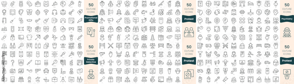 300 thin line icons bundle. In this set include private detective, promotional gifts, protest, psychiatry