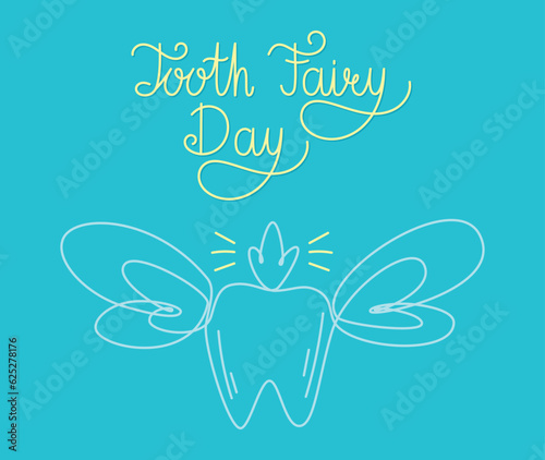 International world holiday Tooth Fairy Day. Childish vector banner or poster, magic fairy tooth with wings and lettering in line art style.
