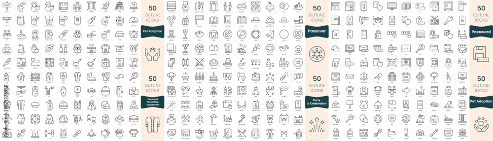 300 thin line icons bundle. In this set include party and celebration, passover, password, personal protective equipment ppe, pet adoption 300 thin line icons bundle. In this set include party and celebration, passover, password, personal protective equipment ppe, pet adoption