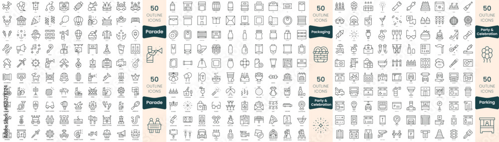 300 thin line icons bundle. In this set include packaging, parade, parking, party and celebration 300 thin line icons bundle. In this set include packaging, parade, parking, party and celebration