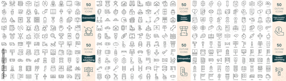 300 thin line icons bundle. In this set include organ donation and transplant, orthopedics, outdoor activities, outdoor advertising, overworked