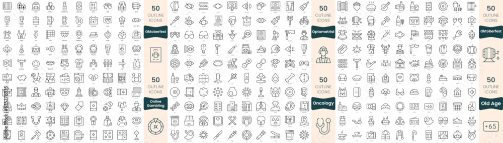 300 thin line icons bundle. In this set include oktoberfest, old age, oncology, online gambling, optometrist 300 thin line icons bundle. In this set include oktoberfest, old age, oncology, online gambling, optometrist