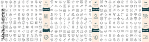 300 thin line icons bundle. In this set include oktoberfest, old age, oncology, online gambling, optometrist