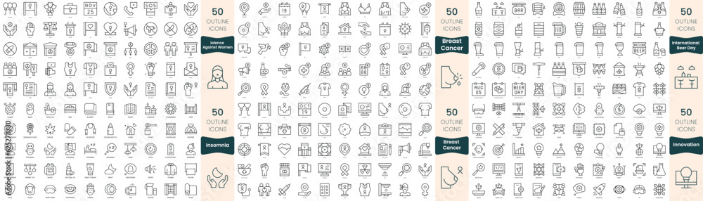 300 thin line icons bundle. In this set include innovation, insomnia, international beer day, international day against breast cancer, international day for the elimination of violence against women