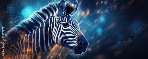 Zebra animal dark wallpaper with bokeh and lights,  nature panorama. Generative Ai. photo