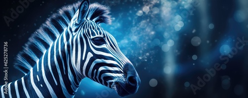 Zebra animal dark wallpaper with bokeh and lights,  nature panorama. Generative Ai.