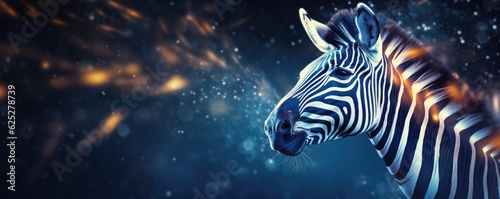 Zebra animal dark wallpaper with bokeh and lights   nature panorama. Generative Ai.