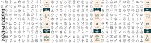 300 thin line icons bundle. In this set include hygiene routine, ice cream shop, iceland, in the village, india