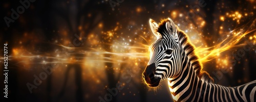 Zebra animal dark wallpaper with bokeh and lights,  nature panorama. Generative Ai. photo