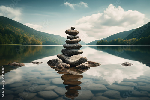 Balanced stone pyramide on shore of blue water of mountain lake. Blue mountains in water level mirror.