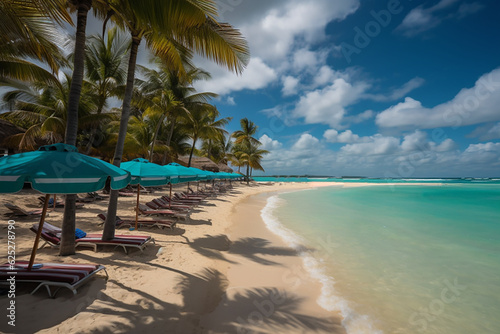 White sand beach, palm trees, sun loungers, the Pacific Ocean. beach holiday