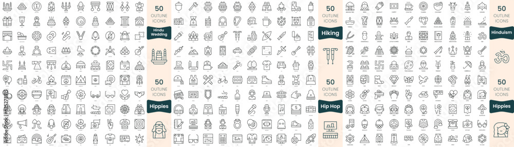 300 thin line icons bundle. In this set include hiking, hindu wedding, hinduism, hip hop, hippies