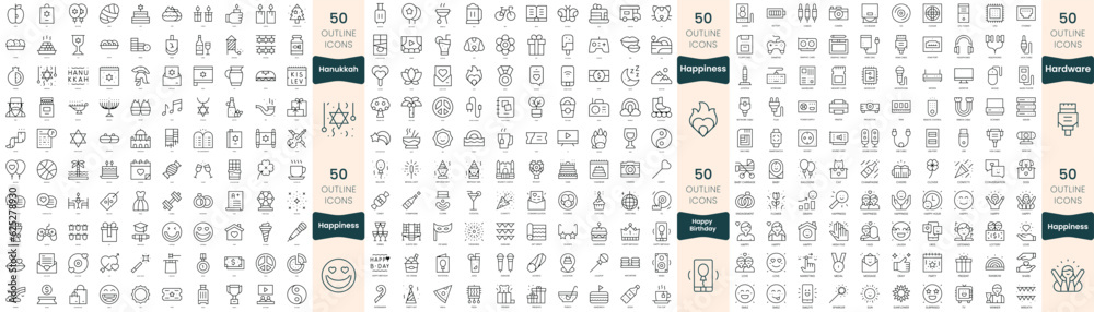 300 thin line icons bundle. In this set include hanukkah, happiness, happy birthday, hardware 300 thin line icons bundle. In this set include hanukkah, happiness, happy birthday, hardware