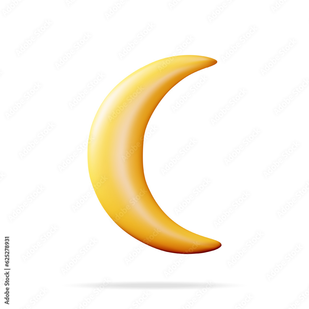 3D Crescent Moon Icon Isolated on White. Render Yellow Shiny Half Moon Symbol. Night or Evening Sign. Muslim Holidays. Cartoon Vector Illustration 3D Crescent Moon Icon Isolated on White. Render Yellow Shiny Half Moon Symbol. Night or Evening Sign. Muslim Holidays. Cartoon Vector Illustration
