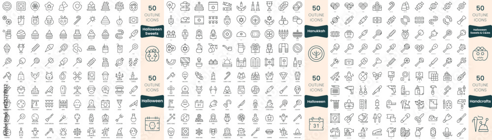300 thin line icons bundle. In this set include halloween sweets and candies, halloween, handcrafts, hanukkah