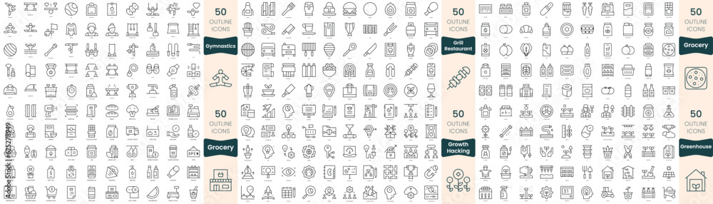 300 thin line icons bundle. In this set include greenhouse, grill restaurant, grocery, growth hacking, gymnastics
