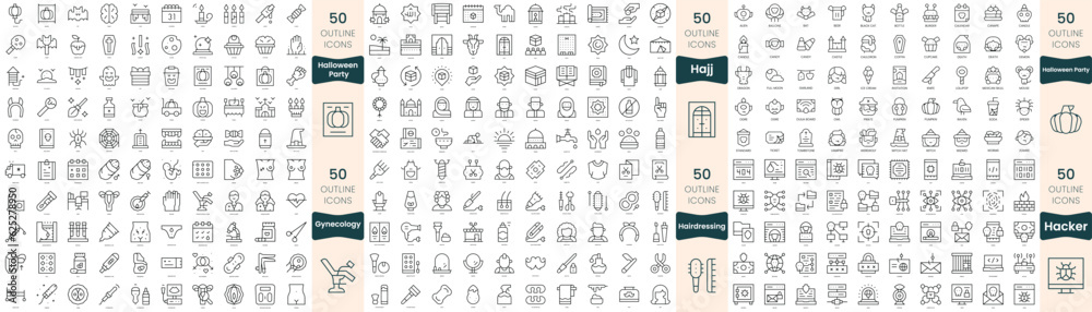 300 thin line icons bundle. In this set include gynecology, hacker, hairdressing, hajj, halloween party 300 thin line icons bundle. In this set include gynecology, hacker, hairdressing, hajj, halloween party