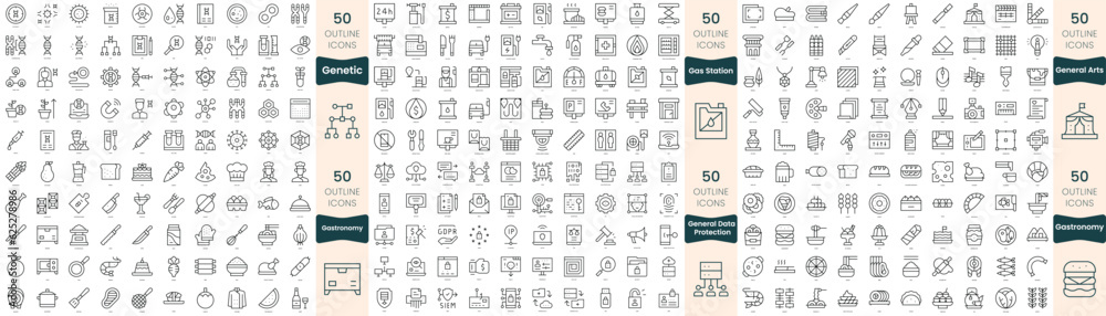 300 thin line icons bundle. In this set include gas station, gastronomy, general arts, general data protection regulation, genetic