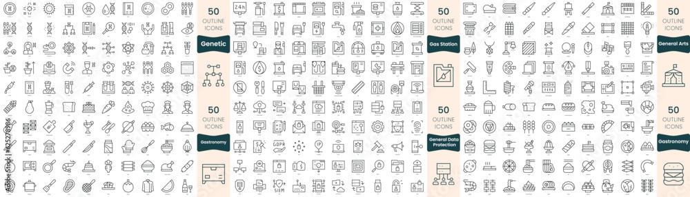 300 thin line icons bundle. In this set include gas station, gastronomy, general arts, general data protection regulation, genetic 300 thin line icons bundle. In this set include gas station, gastronomy, general arts, general data protection regulation, genetic