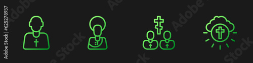 Set line Priest, , Jesus Christ and Religious cross in circle. Gradient color icons. Vector