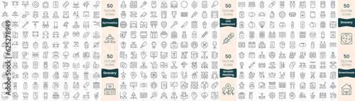 300 thin line icons bundle. In this set include greenhouse, grill restaurant, grocery, growth hacking, gymnastics