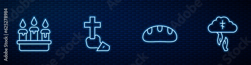 Set line Bread loaf, Burning candle in candlestick, Christian cross and God's helping hand. Glowing neon icon on brick wall. Vector