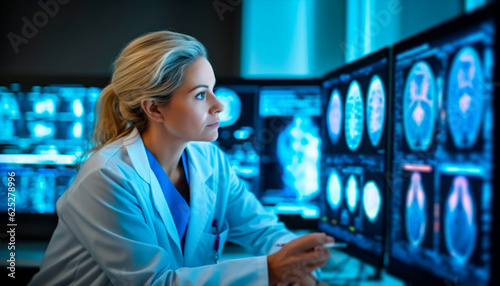 Female neurologist examining cerebral magnetic resonance images on a monitor in a hospital	 photo
